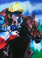 "Lady Rebecca and Norman Williamson" by Robert Winfield. A picture of a jockey in a yellow cap riding a dark brown horse.